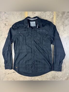 Black Affliction Button Up Shirt XL Y2K Punk Goth Grungecore Crosses Embroidered